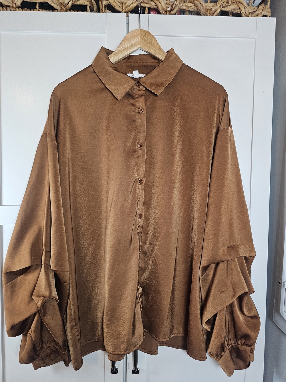 GeeGee Oversized Cognac Satin Bustled Pleated Sleeve Blouse Shirt Plus Size 1XL